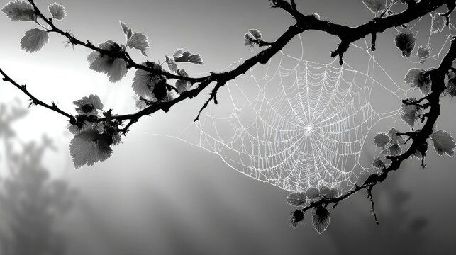 Spider web with morning dew silhouette, elegant clean vector ideal for fall, patience, and intricate nature illustrations. - Powered by Adobe