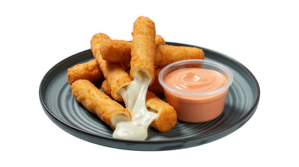 A plate of cheese puffs with a dipping sauce