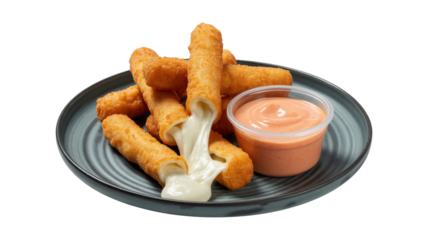 A plate of cheese puffs with a dipping sauce