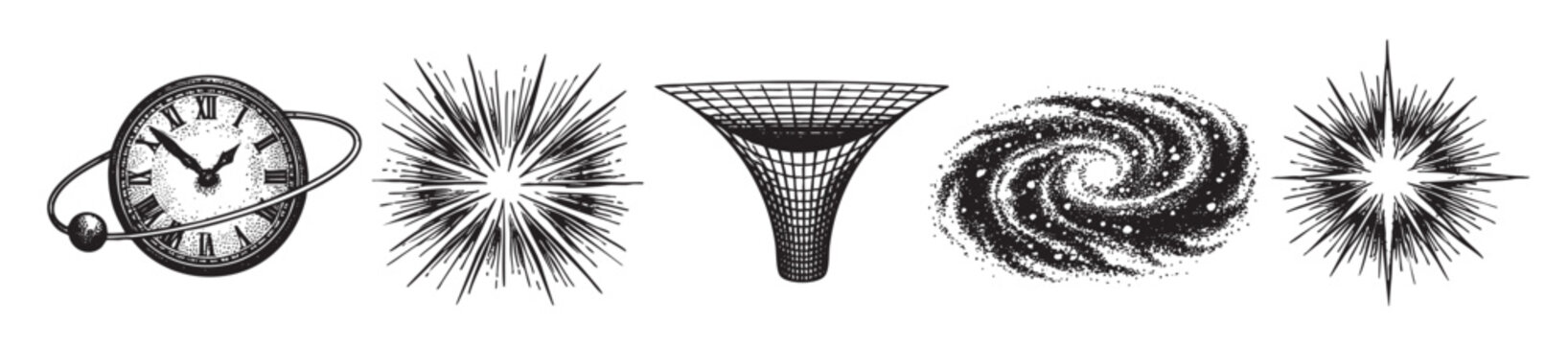 A black and white collage of abstract scientific symbols including a clock, sunburst, wormhole, and galaxy, evoking concepts of time, space, and the universe.