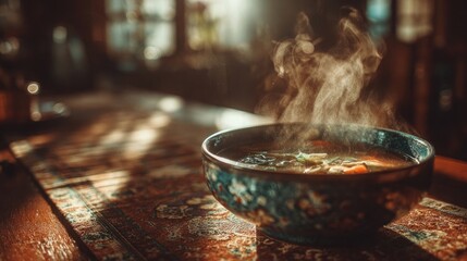 Steam rising from hot soup bowl, comfort, warmth, and homely feeling.