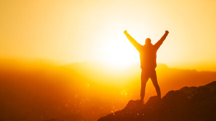 Silhouette of a Triumphant Hiker at Sunrise, Symbol of Achievement and Victory