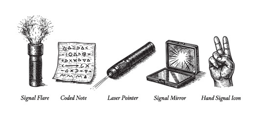 A series of five etched illustrations depicts communication devices and symbols including a signal flare, coded note, laser pointer, signal mirror, and a hand gesture.