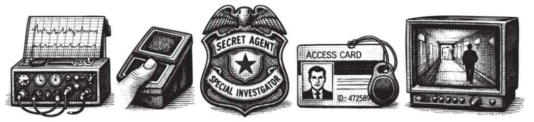 Fototapeta premium A vintage style illustration depicting tools of espionage: a lie detector, a badge, an access card, and a monitor showing surveillance footage, conveying themes of mystery and detection.