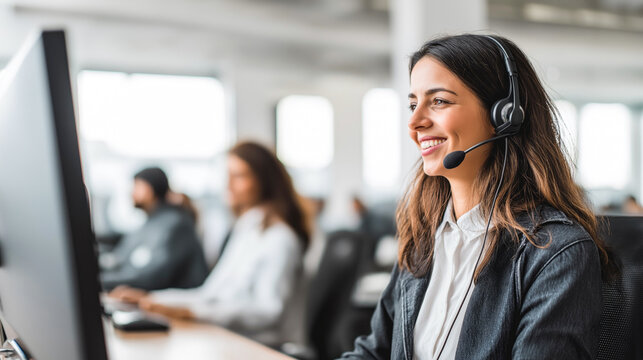 Smiling woman in headset working at computer in modern call center office. Concept of technical support, customer care, professional multitasking