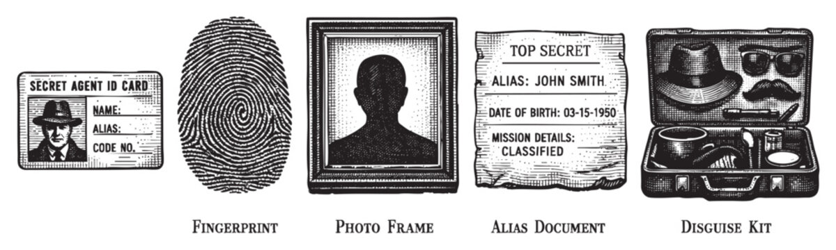 Black and white illustration of essential spy tools including a secret agent ID card, fingerprint, silhouette photo, top-secret alias document, and a disguise kit.