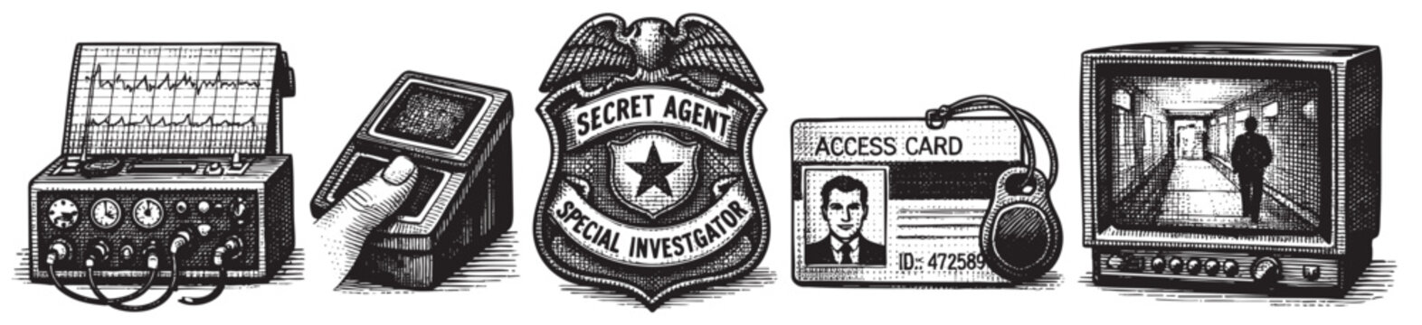 A vintage style illustration depicting tools of espionage: a lie detector, a badge, an access card, and a monitor showing surveillance footage, conveying themes of mystery and detection.