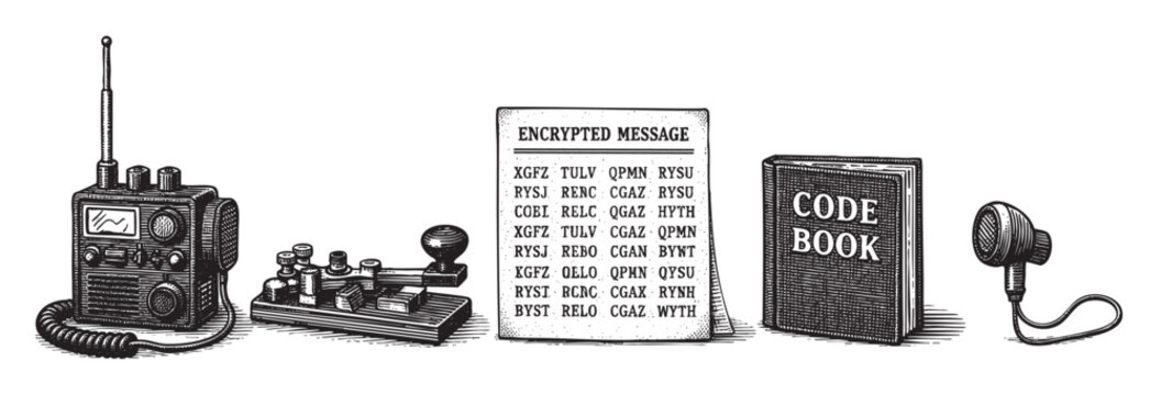 A vintage illustration depicts a radio, Morse code key, encrypted message, and code book, evoking a sense of espionage and historical communication.