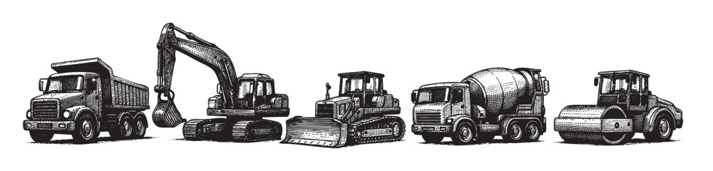 This black and white ink sketch features a line of heavy construction vehicles including a dump truck, excavator, bulldozer, cement mixer, and road roller.