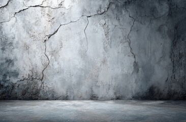 A stark, textured wall with extensive cracks, lit from above, against a smooth floor, creating an industrial, raw feel