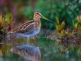 Common snipe resting in serene wetland habitat for nature and wildlife observation.