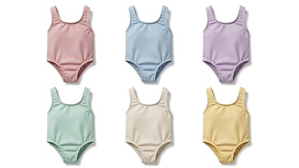 Colorful swimsuits array pastel tones isolated on white backdrop