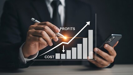 Businessman Drawing Upward Profit Trend Line and Downward Cost Arrow on Financial Growth Chart