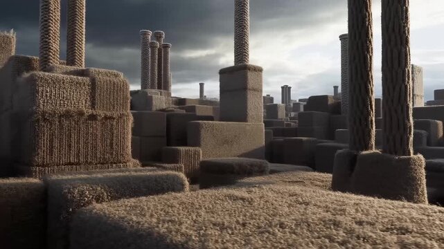 This intriguing video explores a surreal landscape of towering, textured structures resembling sandcastles. The dramatic lighting and moody sky create a captivating atmosphere, inviting viewers to imm