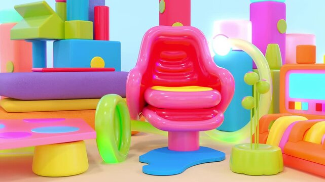 This vibrant video features a playful, colorful room filled with whimsical furniture. The bright pink chair and various geometric shapes create a fun, imaginative space that inspires creativity and jo