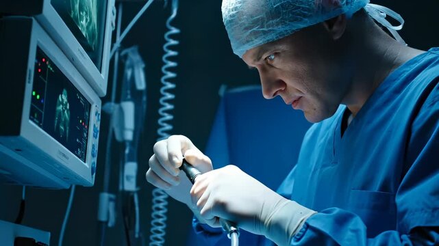 Surgeon performs laparoscopic surgery in operating room with monitor. Man surgeon holds endoscope instrument during surgery procedure. Surgeon operates with laparoscopic tool near ultrasound monitor.