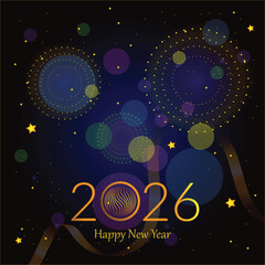 Fototapeta premium 2026 New Year's Eve party banner with gold typography, sparkling firework bursts, and abstract bokeh lights. Luxury holiday design for social media, invitations, and posters