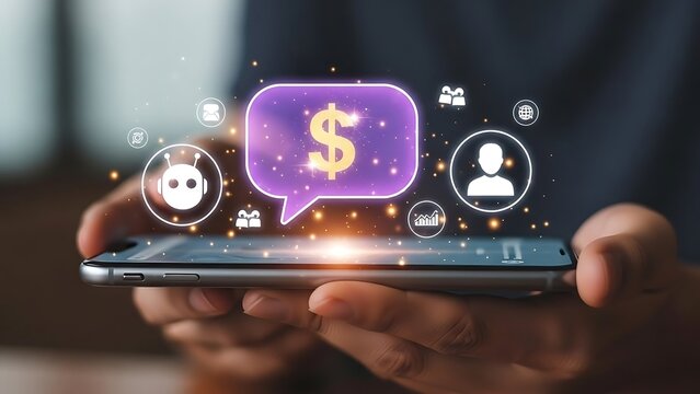 Mobile App Concept for Digital Finance and Customer Support Chatbot with Glowing Icons Over Smartphone - Powered by Adobe
