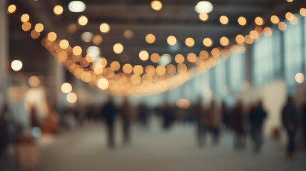 Evening Shoppers Navigate Decorated Corridor, Hanging Bulbs Illuminate Busy Holiday Shopping Path