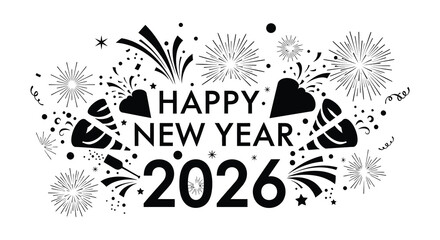 A festive graphic announces a happy new year 2026 with fireworks and elegant design elements