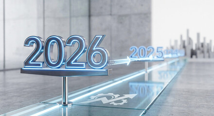 Futuristic 2026 growth timeline with neon numbers and business progress arrow