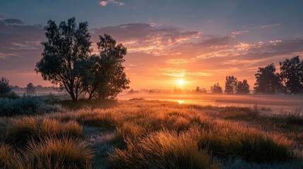 Sunrise through fog over meadows, quiet countryside beauty.