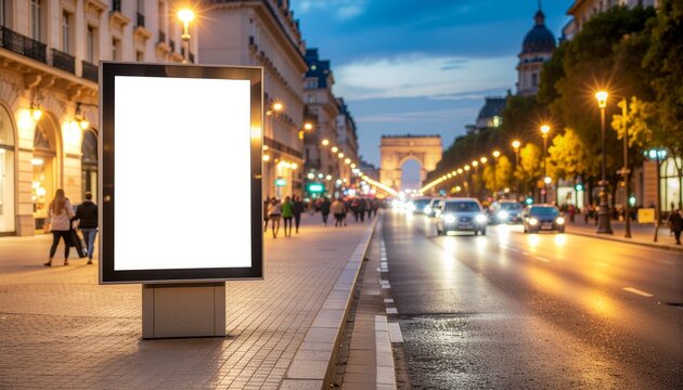 Blank vertical billboard mockup glows warmly against the blurred night traffic on the iconic parisian champs-&eacute;lys&eacute;es.