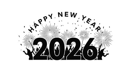 A festive new year illustration showcases fireworks and the year 2026 in a celebratory design