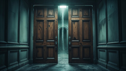 Mysterious corridor with antique wooden doors and cinematic lighting in a haunted mansion interior evoking suspense and gothic atmosphere for storytelling