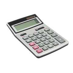 A modern silver calculator with a green digital display isolated on transparent background