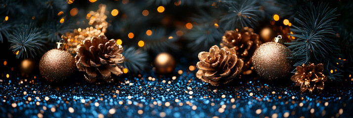 Christmas background with pine branches with golden ornaments and pinecones in an elegant and serene festive style