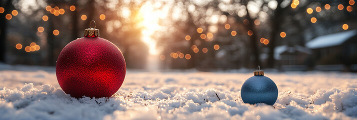 Christmas background, with red ornament with blue ornament resting on fresh snow outdoors in soft winter sunlight and warm bokeh atmosphere