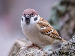 Eurasian tree sparrow perched on rock in natural habitat.
