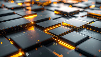 Illuminated Cubes of Tech: A close-up view of a matrix of metallic cubes, each bathed in a warm, amber glow, symbolizing the intricate network of modern technology and data processing.