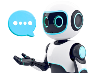 Cute Blue AI Chatbot Robot Head 3D Render with Yellow Thinking Speech Bubble isolated on Transparent Background