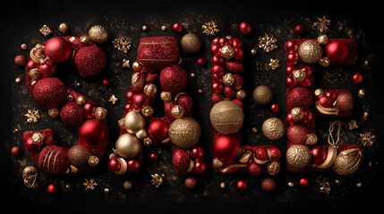 Christmas SALE spelled with red and gold ornament balls on black background

