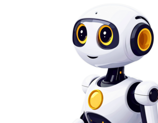 Cute AI Chatbot Robot Head 3D Render with Yellow Thinking Speech Bubble isolated on Transparent Background
