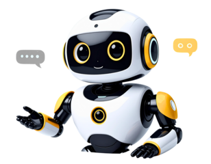 Cute AI Chatbot Robot Head 3D Render with Yellow Thinking Speech Bubble isolated on Transparent Background