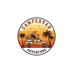 Campervan Beach Adventure Badge with Sunset and Palm Trees &ndash; Perfect for Summer Travel, Camping