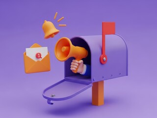 Hand holding megaphone inside mailbox with envelope and bell