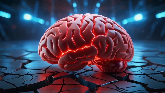Red brain resting on cracked surface illuminated with glowing blue lights, dramatic and surreal concept.