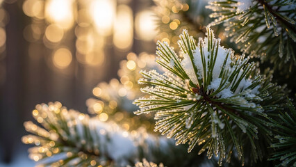 Glistening Snow-Covered Pine Needles in Festive Winter Forest Bokeh