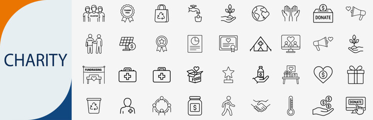 charity and donation icon set, minimal outline vector non-profit symbols