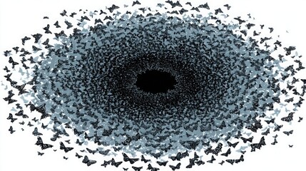 Swarm of butterfly silhouettes forming circular pattern, abstract vector ideal for transformation, art, and creativity visuals.