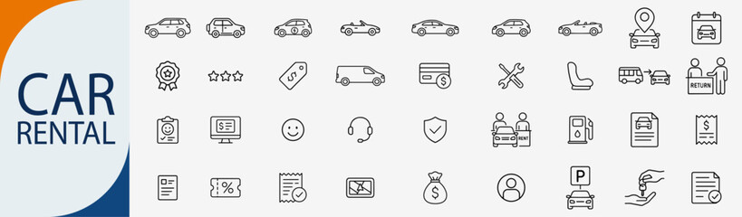 car rental transport service icon set, minimal black line art vector