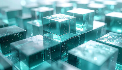 Abstract Technological Cubes: A mesmerizing display of interconnected glass cubes, gleaming with a futuristic, technological aesthetic. the perfect visual for innovation, data processing.