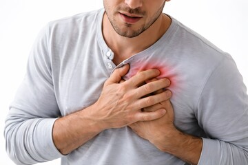 Homem com dor no peito segurando o t&oacute;rax, conceito de sa&uacute;de e emerg&ecirc;ncia m&eacute;dica
