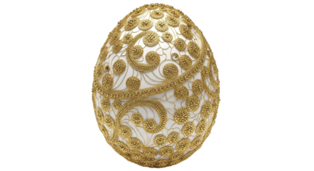 Ornate white egg with intricate gold filigree and beadwork