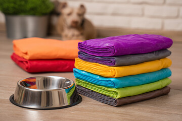 A colorful stack of poop bags lying beside a water bowl and a folded blanket.