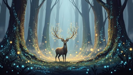 Enchanting Forest Scene with Majestic Stag and Magical Glow